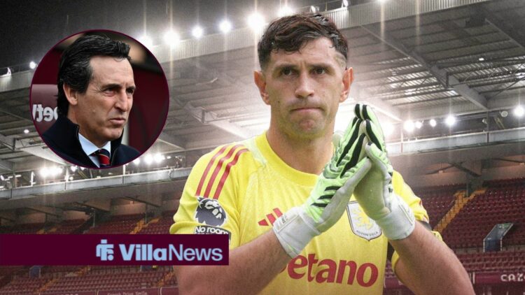 Aston Villa goalkeeper Emi Martinez stands with his hands together while gazing concernedly towards a circular inset, where manager Unai Emery watc...