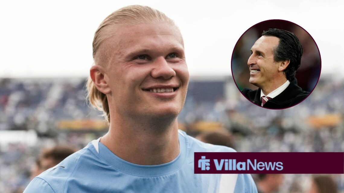 Erling Haaland smiling, Aston Villa boss Unai Emery happy in inset.