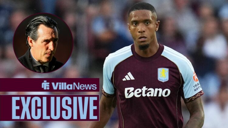 Villa News exclusive as Ezri Konsa is in action during a game, while manager Unai Emery watches on from a circular inset.