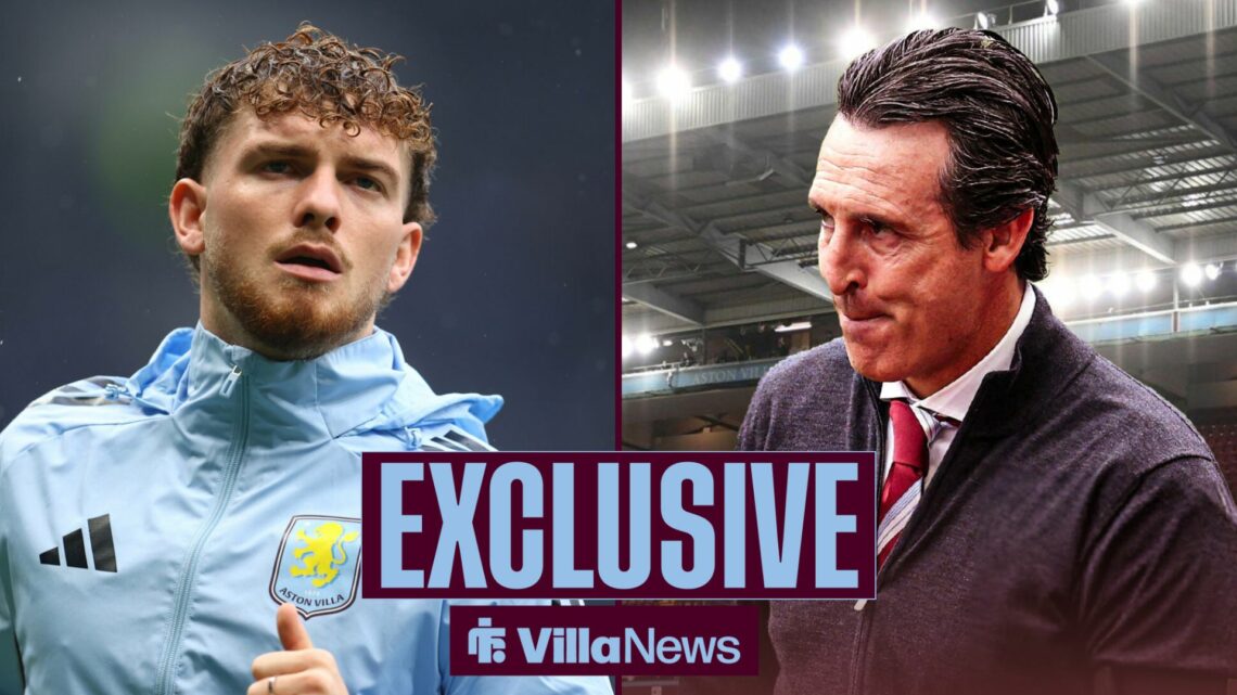 Villa News exclusive as Harvey Elliott warms up in the left half, as Aston Villa manager Unai Emery looks across angrily from the right half.