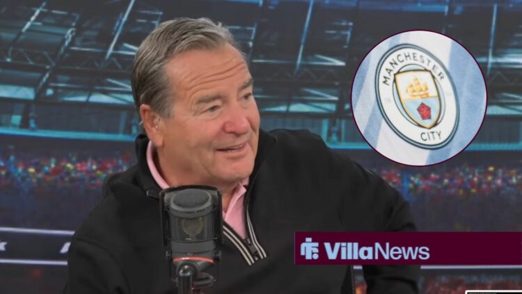 Jeff Stelling looking happy, Manchester City badge in inset.