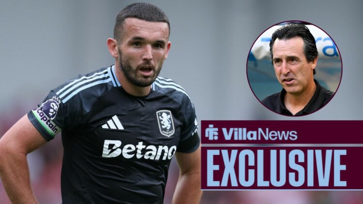Villa News exclusive as captain John McGinn stands with his hands on his hips during a game, as manager Unai Emery looks confused in a circular inset.