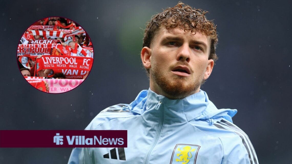 Aston Villa star Harvey Elliott looking miserable, Liverpool fans in inset.
