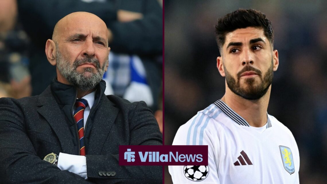 A split image as former Aston Villa President Monchi stands with his arms folded and looks across to Marco Asensio, who is in action on the right h...