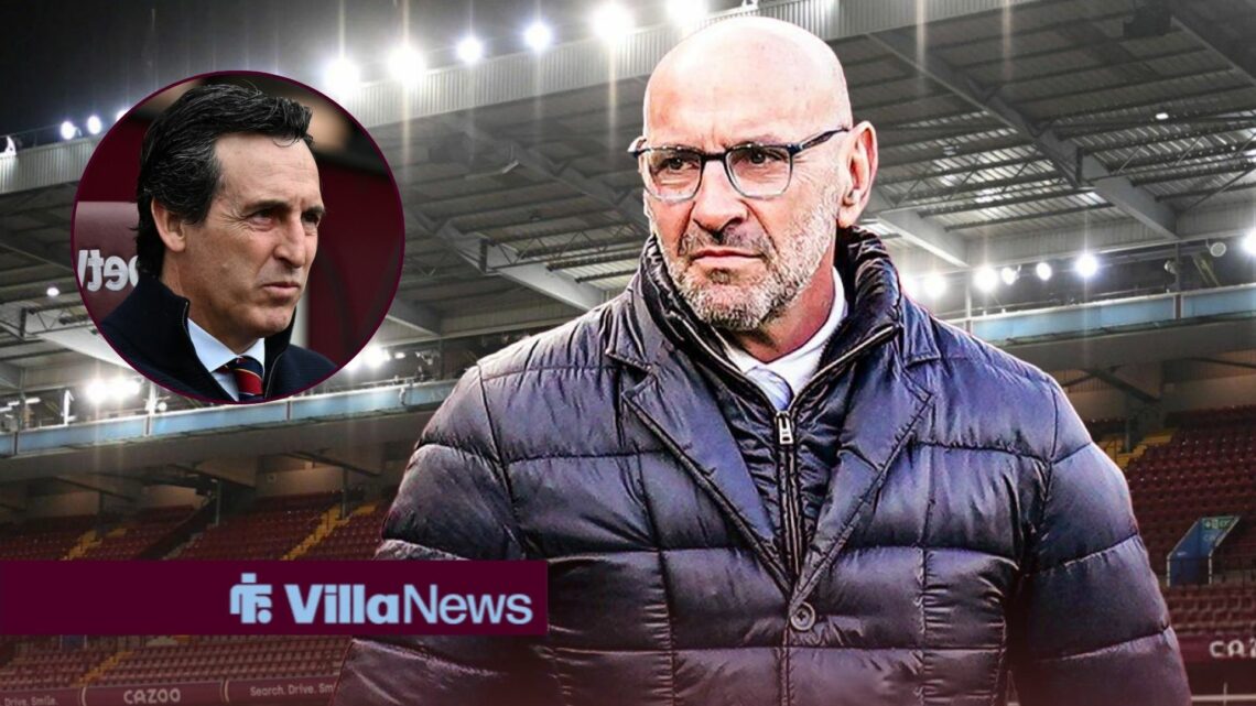 Ex-Aston Villa president Monchi stares sternly across at manager Unai Emery, who watches on from his seat in the dugout.