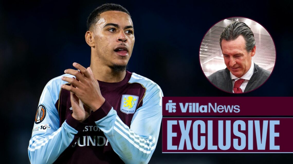 Villa News exclusive as Aston Villa star Morgan Rogers applauds while glancing to the right, where manager Unai Emery stares at the floor in a circ...
