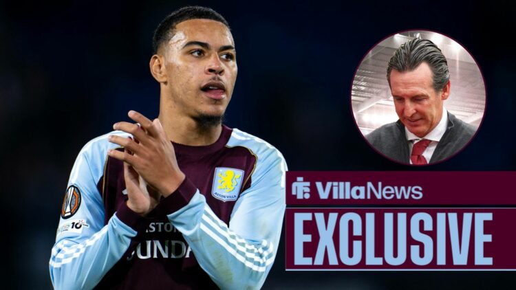 Villa News exclusive as Aston Villa star Morgan Rogers applauds while glancing to the right, where manager Unai Emery stares at the floor in a circ...