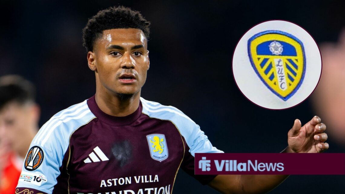 Aston Villa star Ollie Watkins looking confused, Leeds United badge in inset.