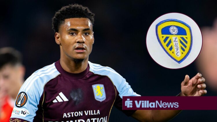Aston Villa star Ollie Watkins looking confused, Leeds United badge in inset.