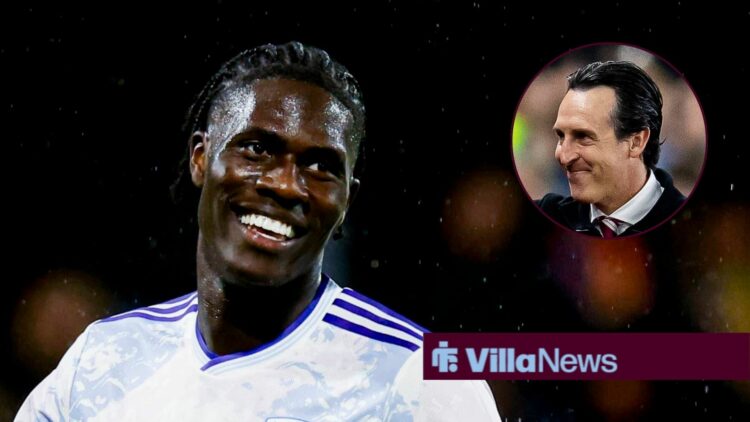 Amadou Onana smiles while in action for Aston Villa at Unai Emery in circular inset