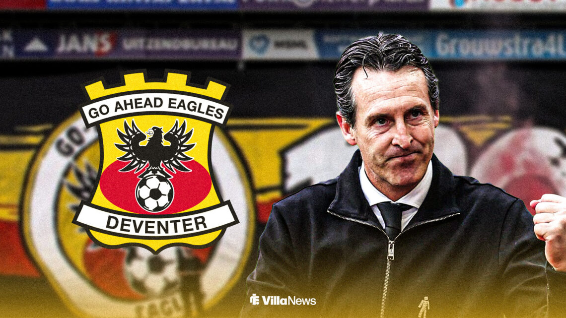 Unai Emery alongside the Go Ahead Eagles badge with De Adelaarshorst in the background.