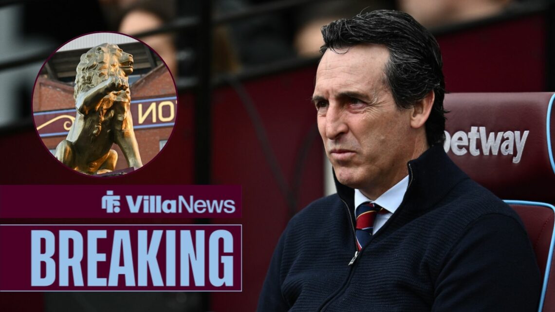 Breaking news as Aston Villa manager Unai Emery stares out from the dugout concernedly, while the lion outside the Holte End features in a circular...