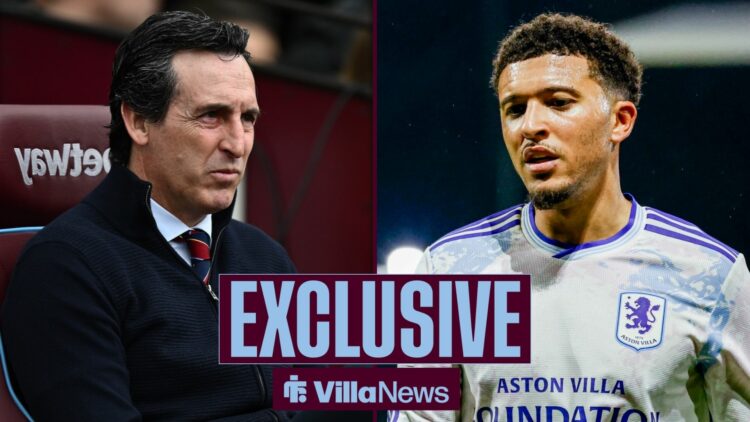 Villa News exclusive as Aston Villa manager Unai Emery stares across a split image towards Jadon Sancho, who glances at the floor during a game.