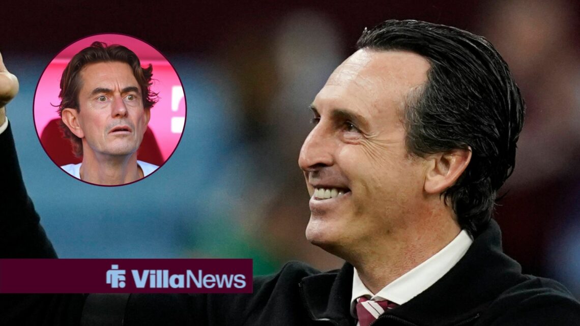 Aston Villa boss Unai Emery smiling, Thomas Frank in inset.