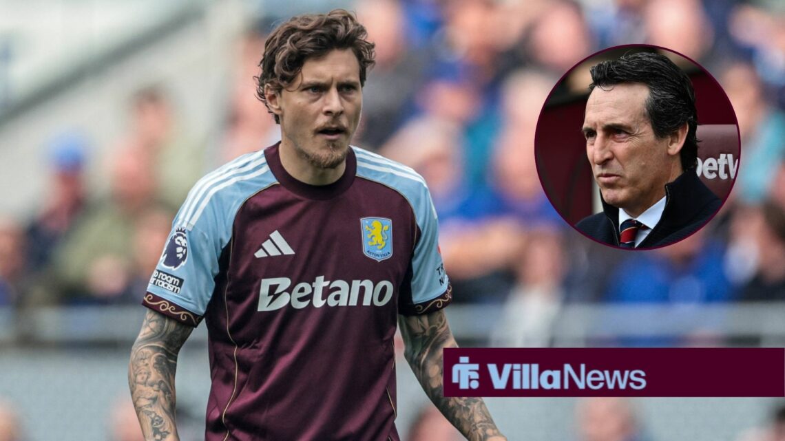 Aston Villa defender Victor Lindelof in action during a game, as manager Unai Emery watches on from the dugout.