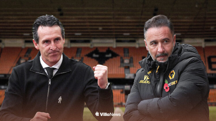 Unai Emery fist pumping alongside a disgruntled Vitor Pereira ahead of Molineux background
