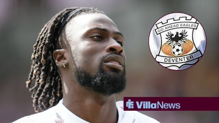 Aston Villa forward Evann Guessand and Go Ahead Eagles badge in circular inset