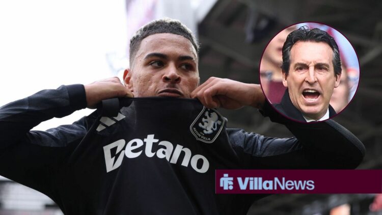 Aston Villa star Morgan Rogers and Unai Emery in circular inset