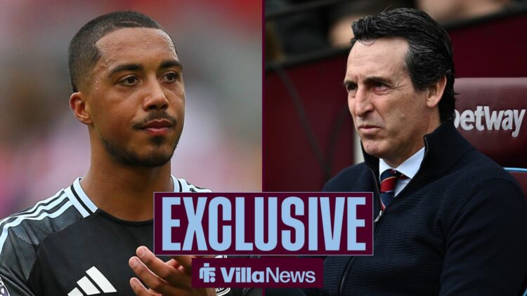 Villa News exclusive as Youri Tielemans applauds on the left side of a split image, as manager Aston Villa manager Unai Emery watches on from the d...