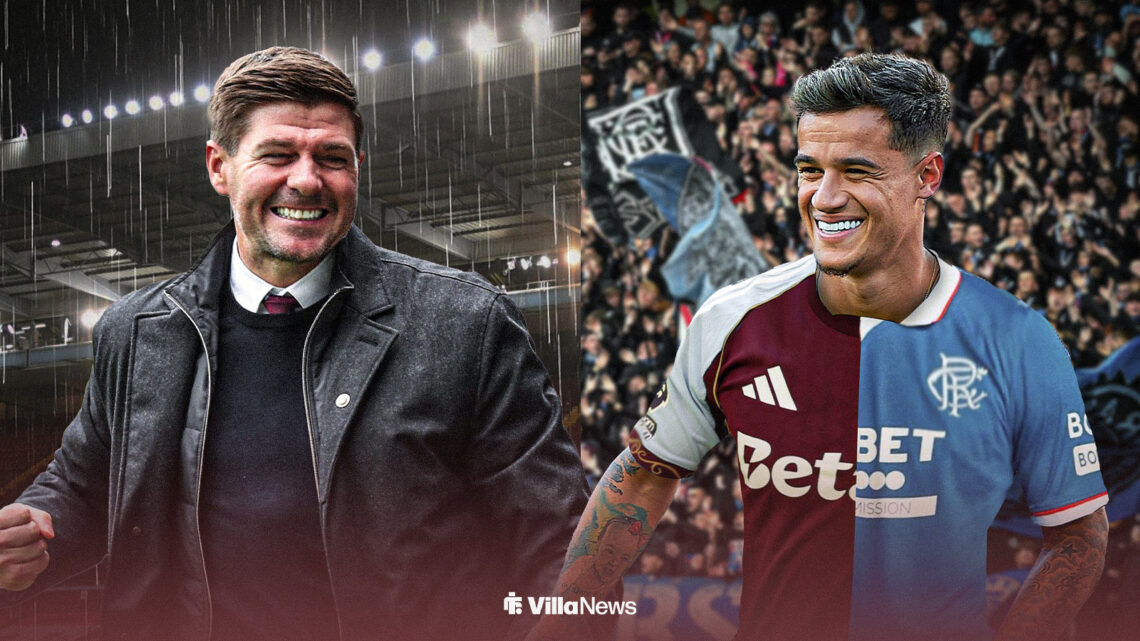 Steven Gerrard at Villa Park looking happy towards a happy Philippe Coutinho at Ibrox in an Aston Villa shirt and Rangers shirt