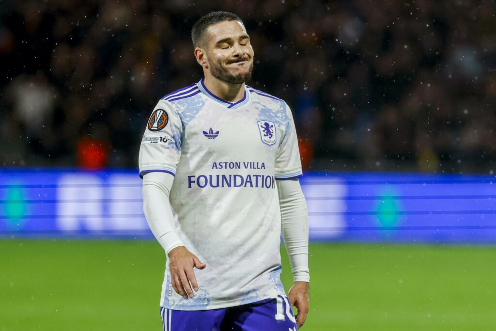 Emi Buendia grimaces after Aston Villa lost to Go Ahead Eagles