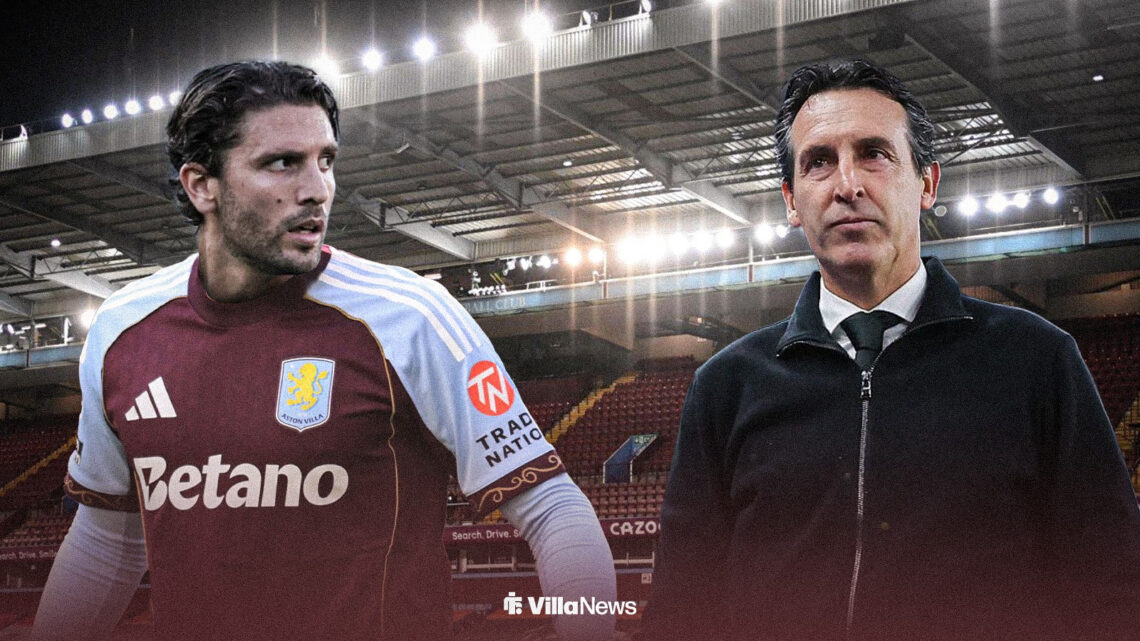 Manuel Locatelli at Villa Park wearing an Aston Villa shirt looking towards Unai Emery