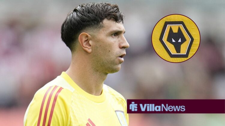 Emi Martinez looking at Wolves badge in circle