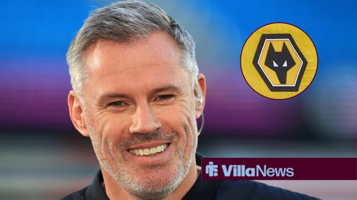 Jamie Carragher smiling with Wolves badge in circle