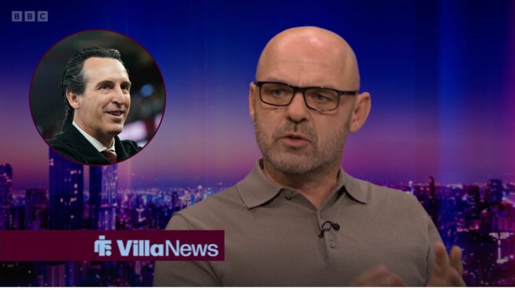 Danny Murphy speaking on Match of the Day and a circular inset of Unai Emery