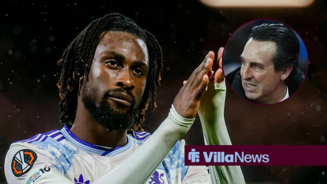 Aston Villa winger Evann Guessand claps with Unai Emery inset
