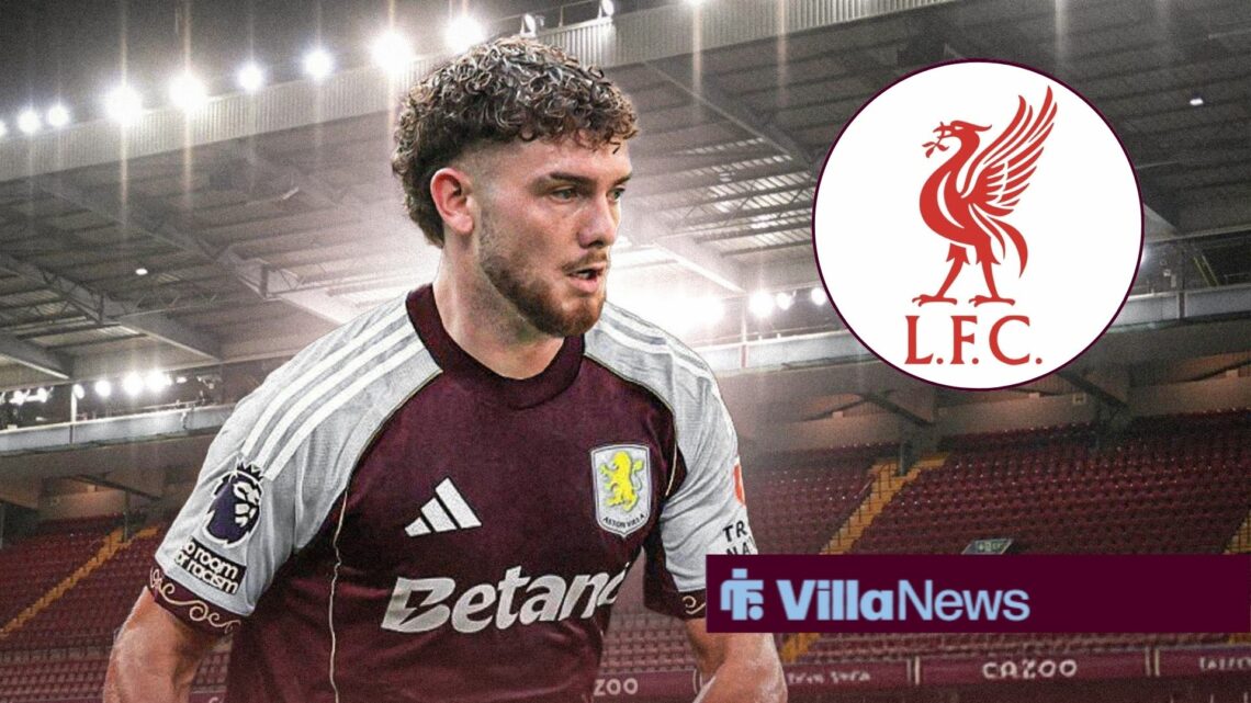Harvey Elliott in Aston Villa's home shirt, Liverpool badge in a circular insert.