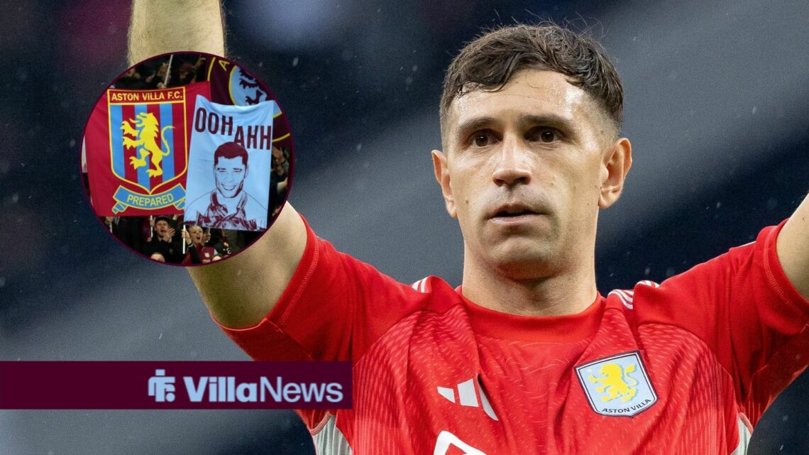 Emi Martinez celebrating in an Aston Villa shirt looking towards a circle inset of Aston Villa banners