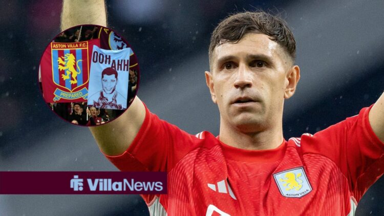 Emi Martinez celebrating in an Aston Villa shirt looking towards a circle inset of Aston Villa banners