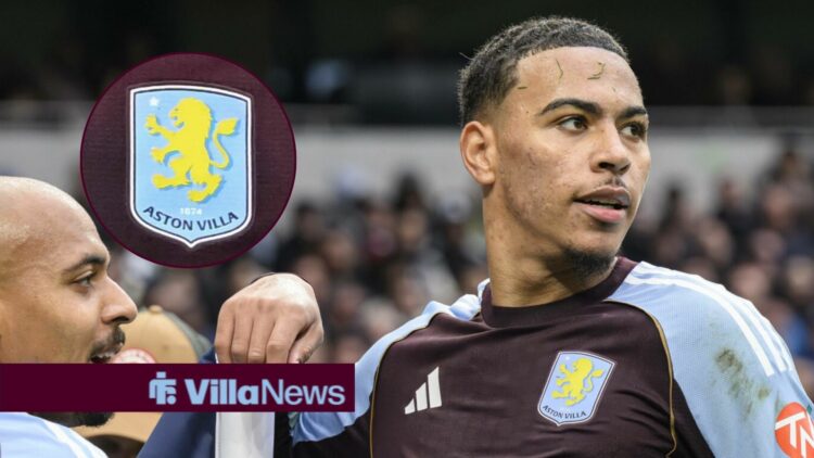 Morgan Rogers celebrating a goal for Aston Villa alongside a circle inset of the Aston Villa badge