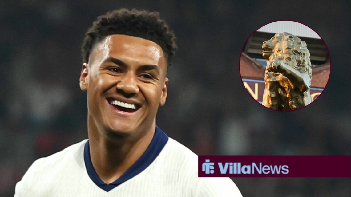 Ollie Watkins smiling while playing for England looking towards Villa Park in a circle inset