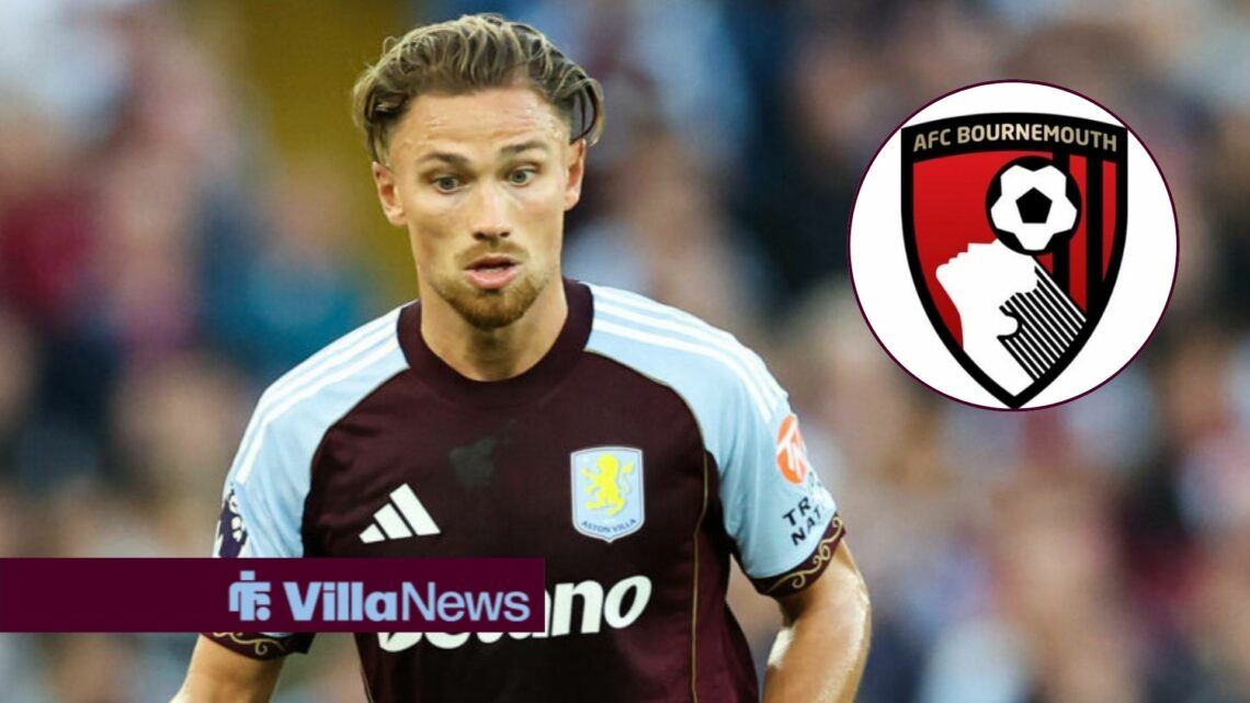 Matty Cash concentrating while playing football in a Aston Villa top as the AFC Bournemouth badge looms.