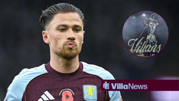 Matty Cash looking concentrated playing for Aston Villa looking towards a circle inset of the Villa Villan tifo at Villa Park