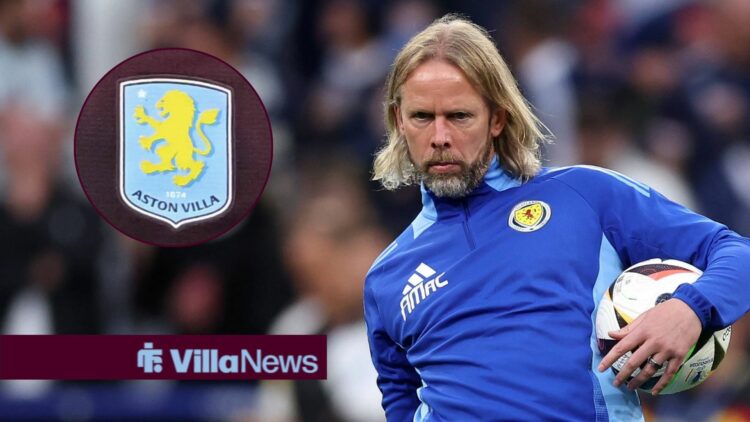Austin MacPhee holding a ball in Scotland training looking towards an Aston Villa badge in a circle inset