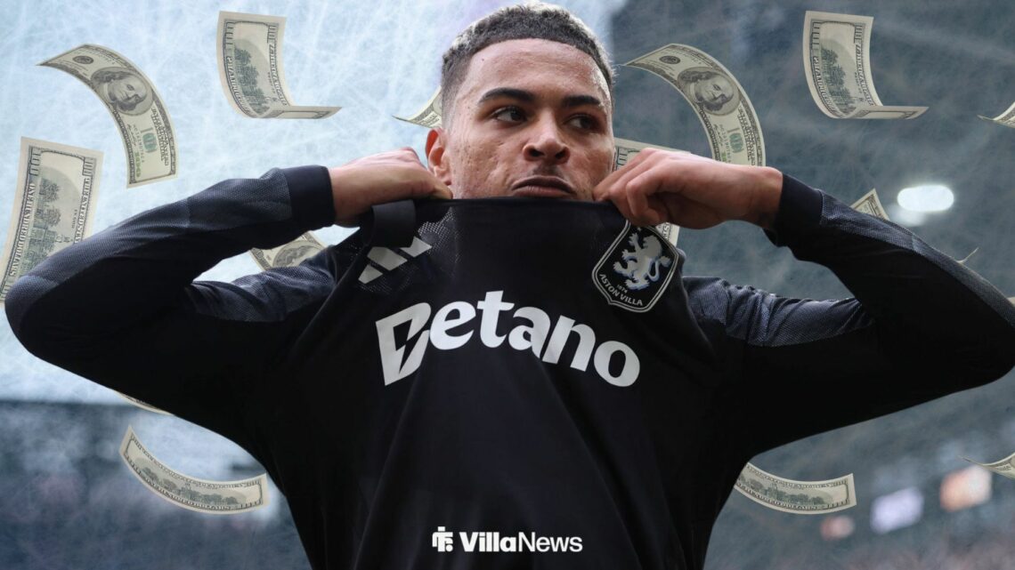 Morgan Rogers holding an Aston Villa shirt upwards surrounded by ice and bank notes falling