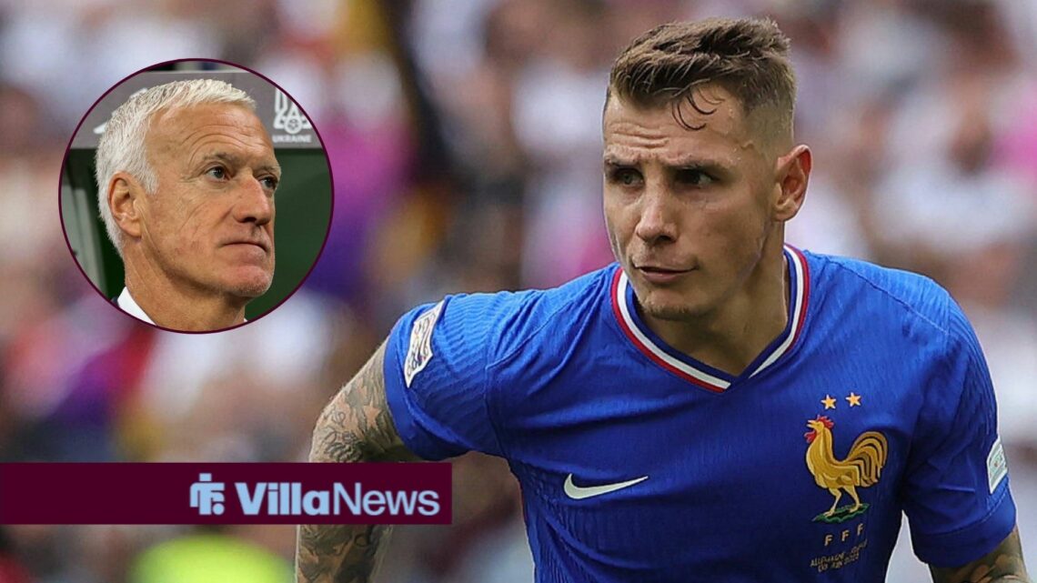 Lucas Digne alongside a circle inset of Didier Deschamps.