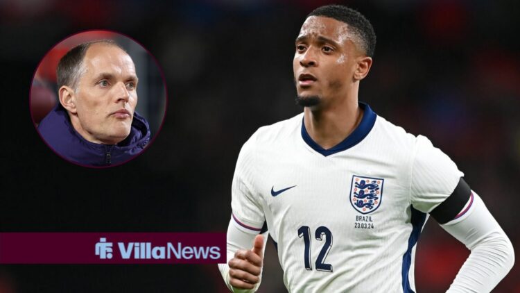 Ezri Konsa alongside a circle inset of Thomas Tuchel.