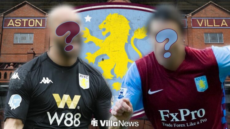 Pepe Reina and Robert Pires playing for Aston Villa with blurred faces standing infront of Villa Park at the Holte End