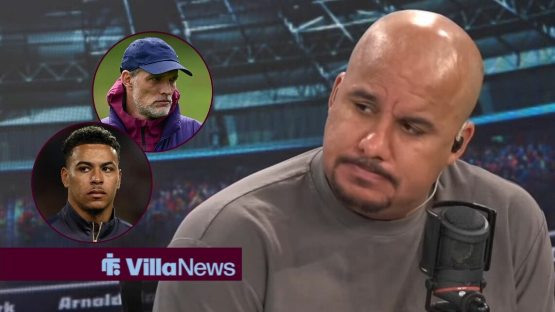 Gabby Agbonlahor speaking on talkSPORT looking towards Morgan Rogers and Thomas Tuchel in circle insets