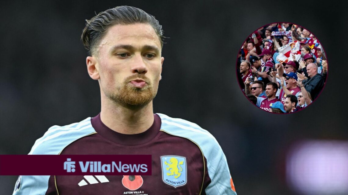 Matty Cash looking unhappy as the Aston Villa supporters look in his direction.