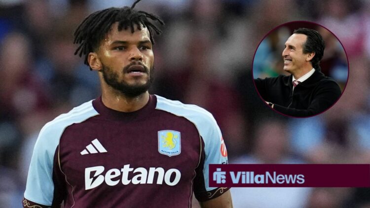 Tyrone Mings alongside a circle inset of Unai Emery.