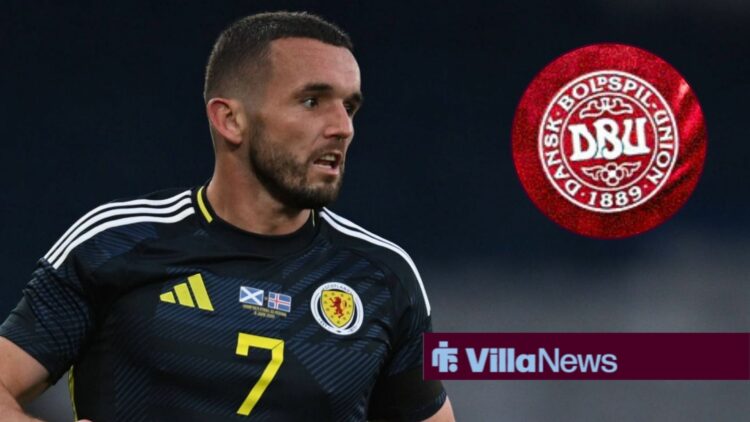 John McGinn playing for Scotland looking towards a Denmark badge in a circle inset