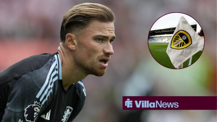 Matty Cash looking annoyed playing for Aston Villa looking towards a circle inset of a Leeds United flag at Elland Road