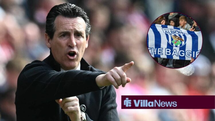 Unai Emery pointing towards a circle inset of West Brom fans holding up a West Brom flag