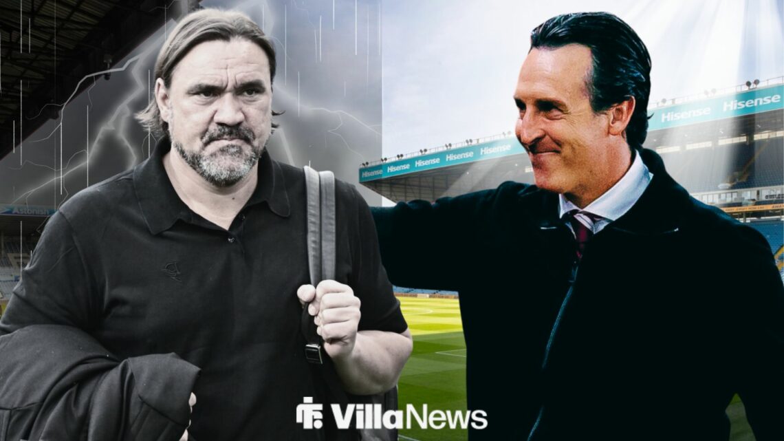 Daniel Farke in lightning and rain looking towards Unai Emery in the sun at Elland Road