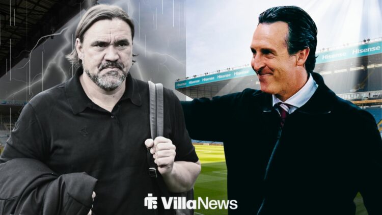 Daniel Farke in lightning and rain looking towards Unai Emery in the sun at Elland Road